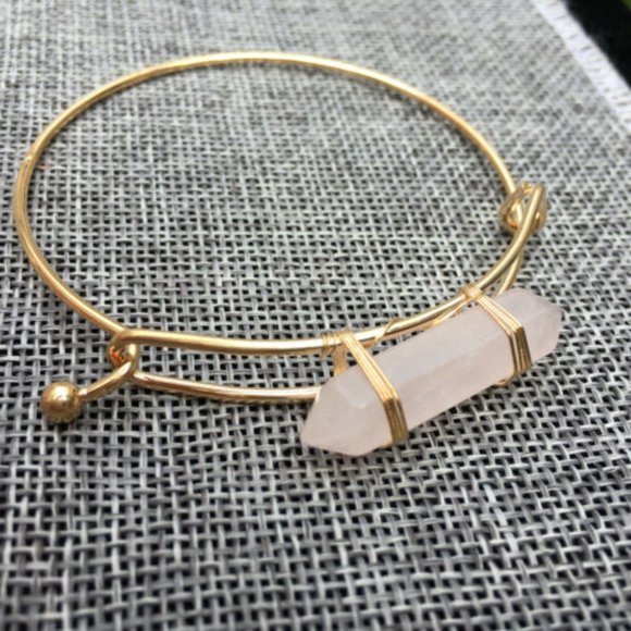 Double Terminated Rose Quartz Crystal Gold Bangle Bracelet - Picture 5 of 7